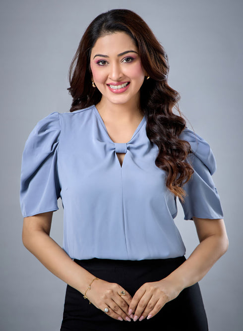 Neck Gathered Satin Short Sleeve Top