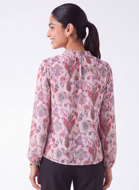 Pink Printed Long Sleeve Top With Collar Band
