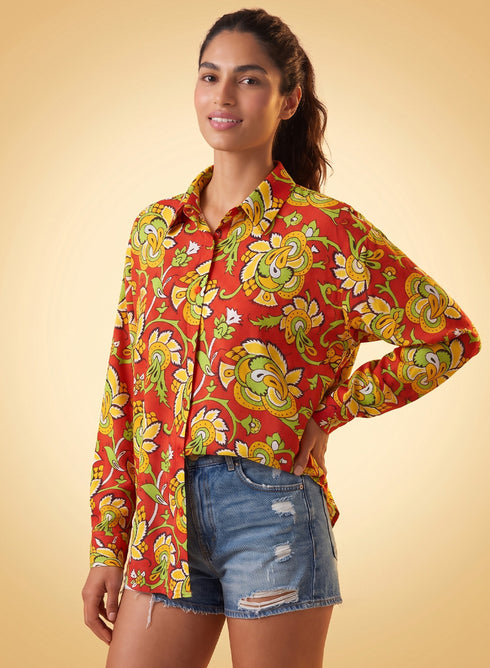 Yellow & Red Floral Printed Relaxed Oversized Shirt