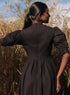 Black Puffed Sleeve Pleated Skirt Cotton Dress