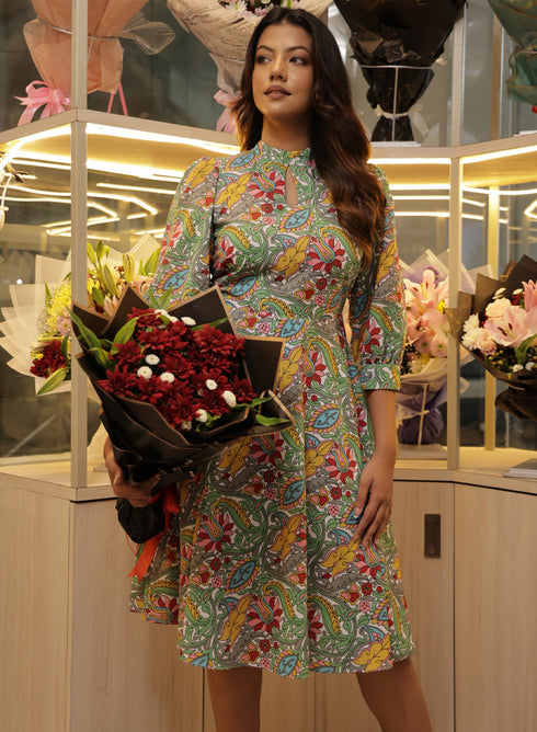Green Floral Printed Long Sleeve Dress