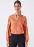 Orange Printed Collar Long Sleeve Top