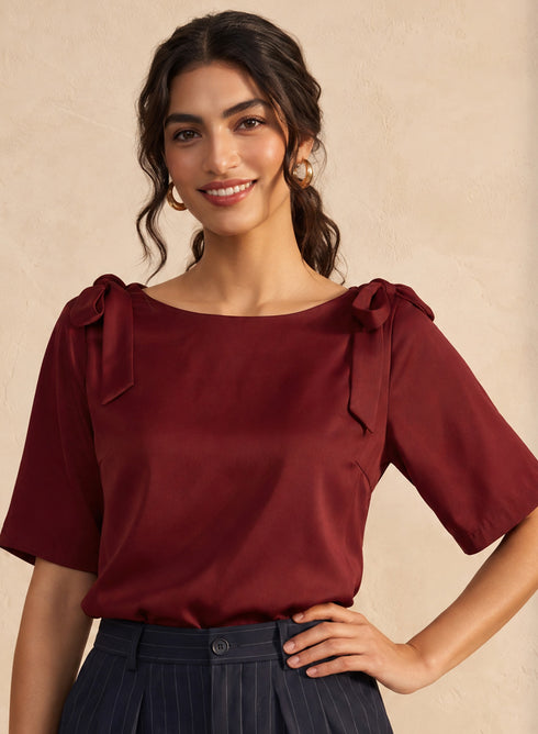 Maroon Double Bow Detail Satin Top