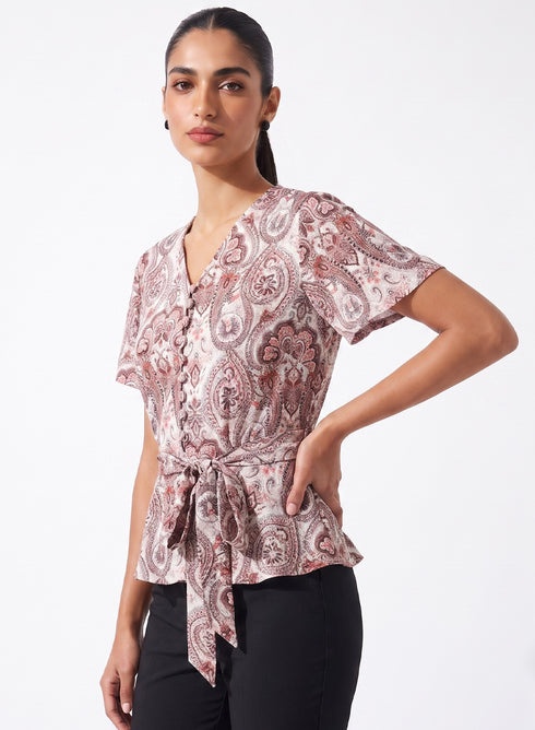 Printed Flared Sleeve Peplum Button Top