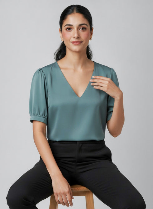 Dark Teal V Neck Satin Top