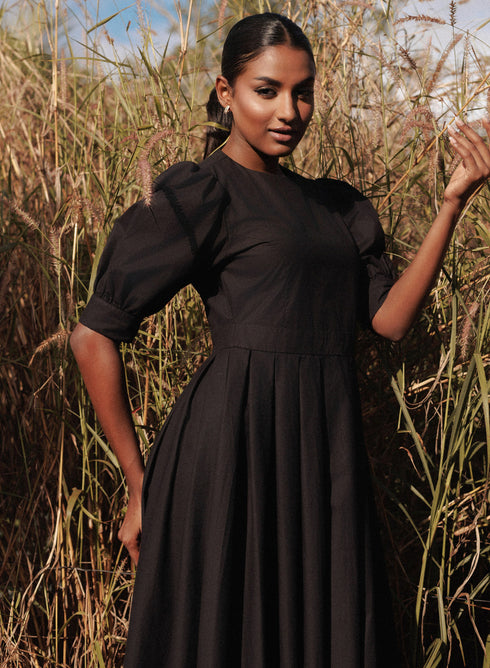 Black Puffed Sleeve Pleated Skirt Cotton Dress