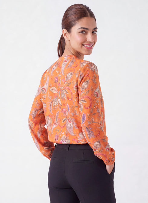 Orange Printed Collar Long Sleeve Top