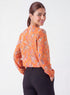 Orange Printed Collar Long Sleeve Top
