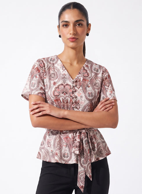 Printed Flared Sleeve Peplum Button Top