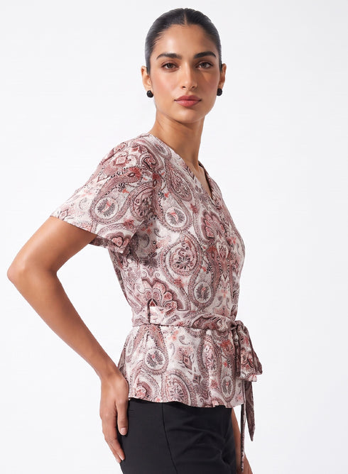 Printed Flared Sleeve Peplum Button Top
