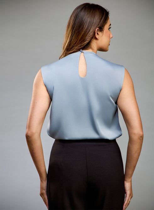 Sleeveless Pleated Shoulder Grey Top