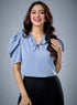 Neck Gathered Satin Short Sleeve Top