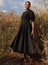 Black Puffed Sleeve Pleated Skirt Cotton Dress