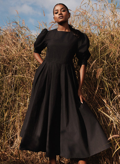 Black Puffed Sleeve Pleated Skirt Cotton Dress