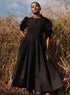 Black Puffed Sleeve Pleated Skirt Cotton Dress