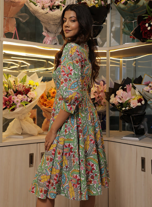 Green Floral Printed Long Sleeve Dress