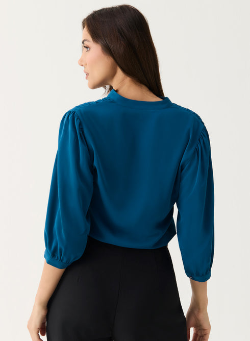 Teal-Blue Solid Chiffon Casual Top