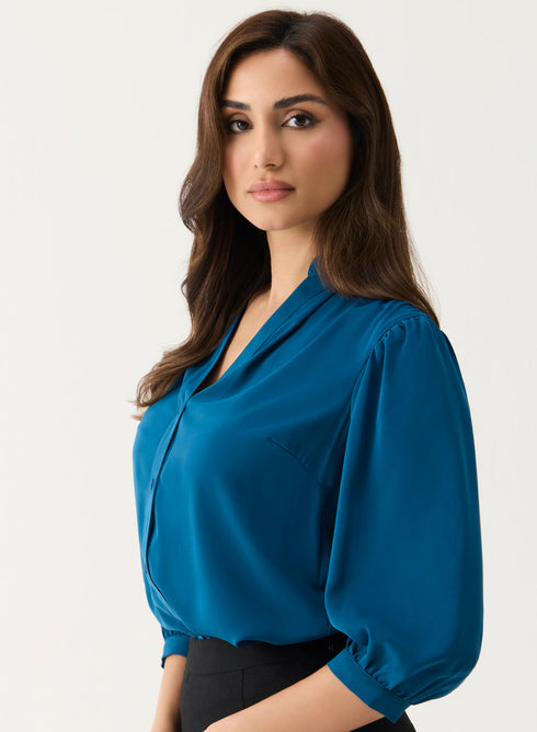 Teal-Blue Solid Chiffon Casual Top