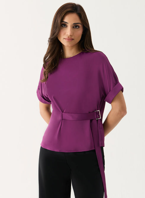 Baggy Sleeve Satin Top with Buckle