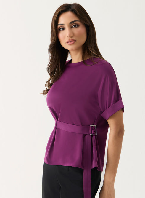 Baggy Sleeve Satin Top with Buckle