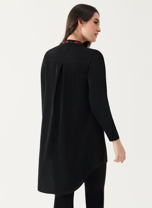 Long Sleeve Front Embroidered Chiffon Top