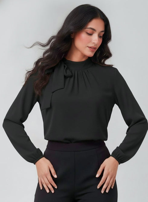 Black Bow Long Sleeve Chiffon Top