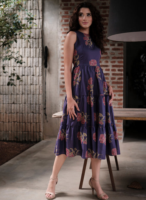 Purple Printed Sleeveless Tiered Dress