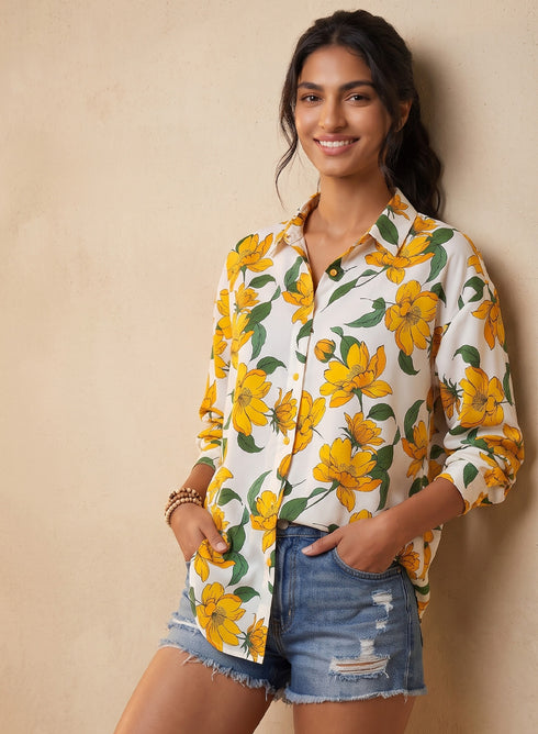 Yellow Floral Printed Loose Fit Shirt