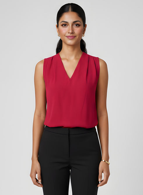 Red Sleeveless Shoulder Pleated Chiffon Top