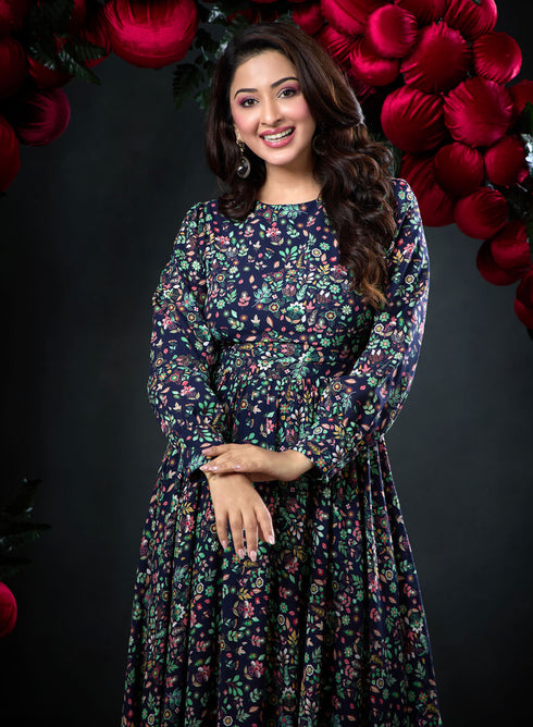 Long Sleeve Round Neck Floral Dress