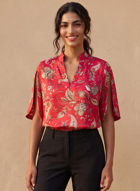 Red Printed Cold Shoulder Chiffon Top