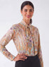 Printed Neck Tie Long Sleeve Top