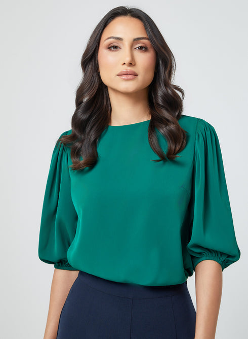 Round Neck Half Sleeve Green Top