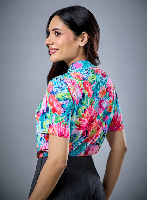 Printed Short Sleeve Floral Chiffon Top