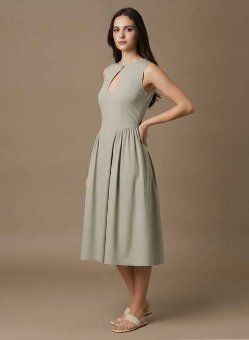 Khaki Front Open Side Gathered Dress