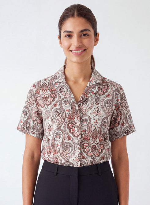 Printed Lapel Collar Half Sleeve Top