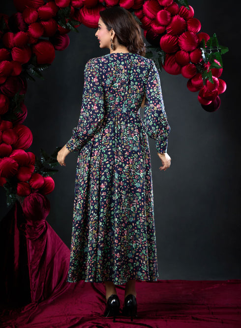 Long Sleeve Round Neck Floral Dress