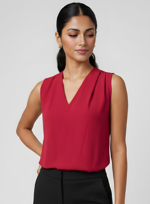 Red Sleeveless Shoulder Pleated Chiffon Top
