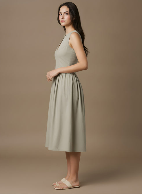 Khaki Front Open Side Gathered Dress