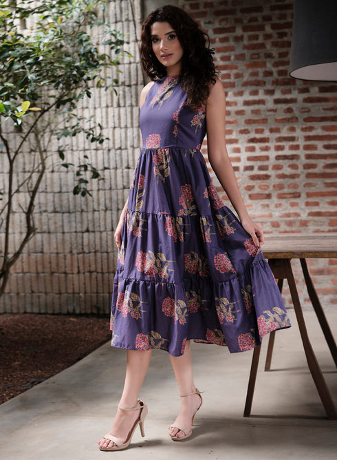 Purple Printed Sleeveless Tiered Dress