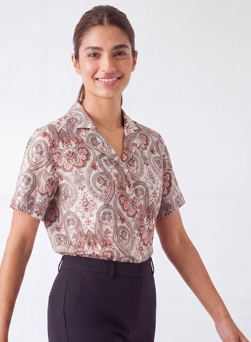 Printed Lapel Collar Half Sleeve Top