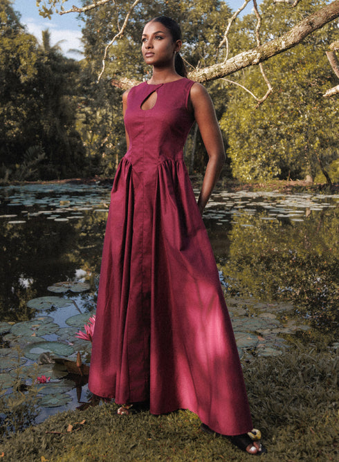 Burgundy Halter Neck Peek A Boo Dress
