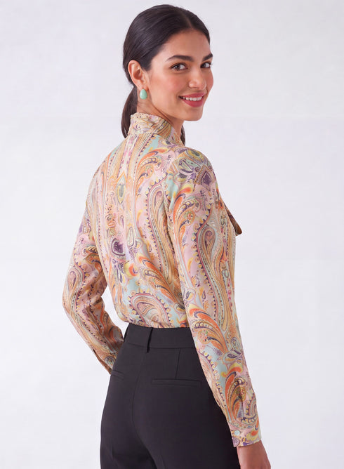 Printed Neck Tie Long Sleeve Top