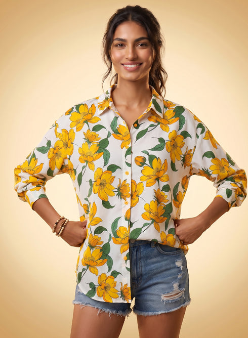 Yellow Floral Printed Loose Fit Shirt