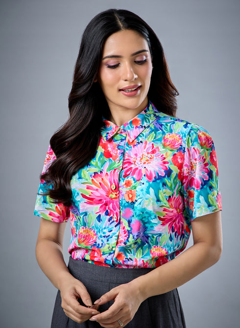 Printed Short Sleeve Floral Chiffon Top
