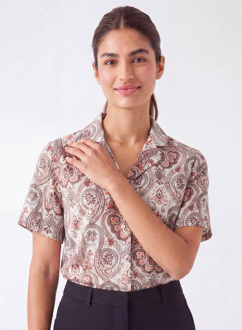 Printed Lapel Collar Half Sleeve Top