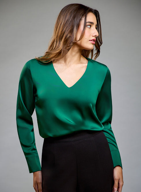 Satin Deep VNeck Dark green Top