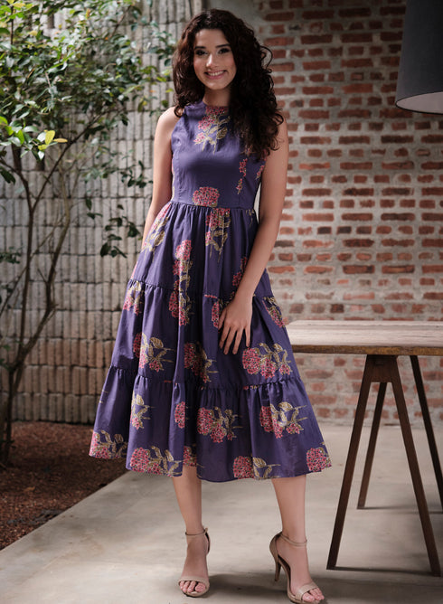 Purple Printed Sleeveless Tiered Dress