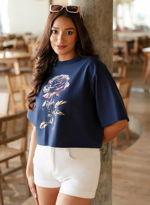 Rose Printed Navy Blue Crop Top