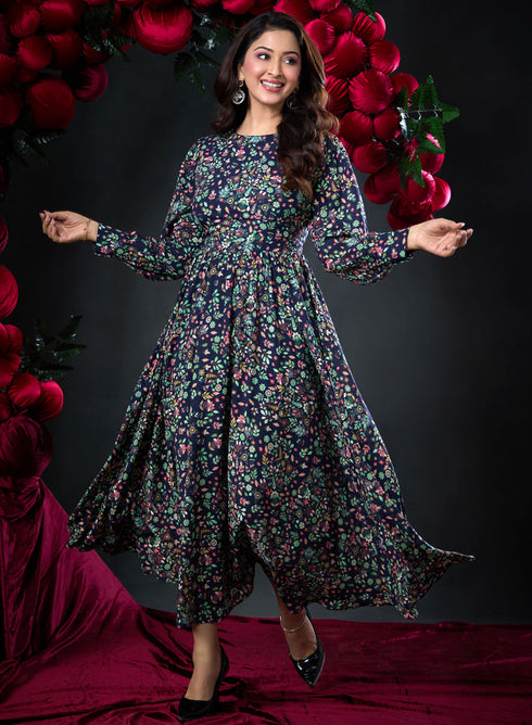 Long Sleeve Round Neck Floral Dress
